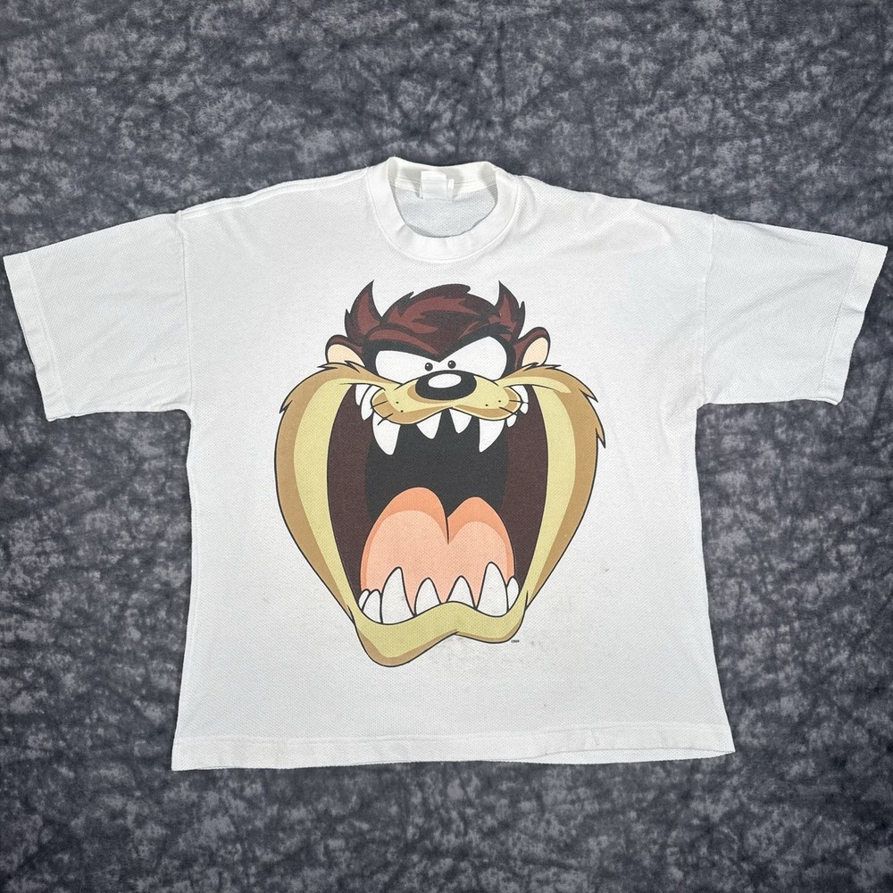 Vintage Looney Tunes Taz Jersey Shirt Mens Large White 90s Big Head Graphic Tee